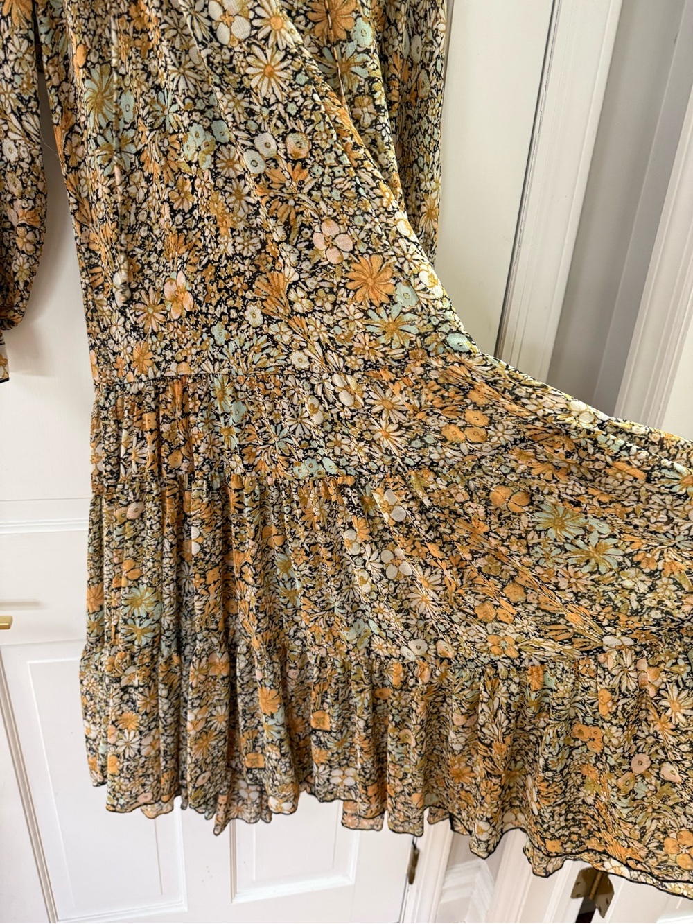 Free People Floral Tiered Long Sleeve Midi Dress in Mustard Floral - Picture 3 of 3